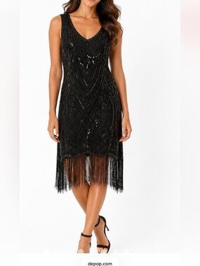 Sleeveless Black Beaded Fringe Midi Dress